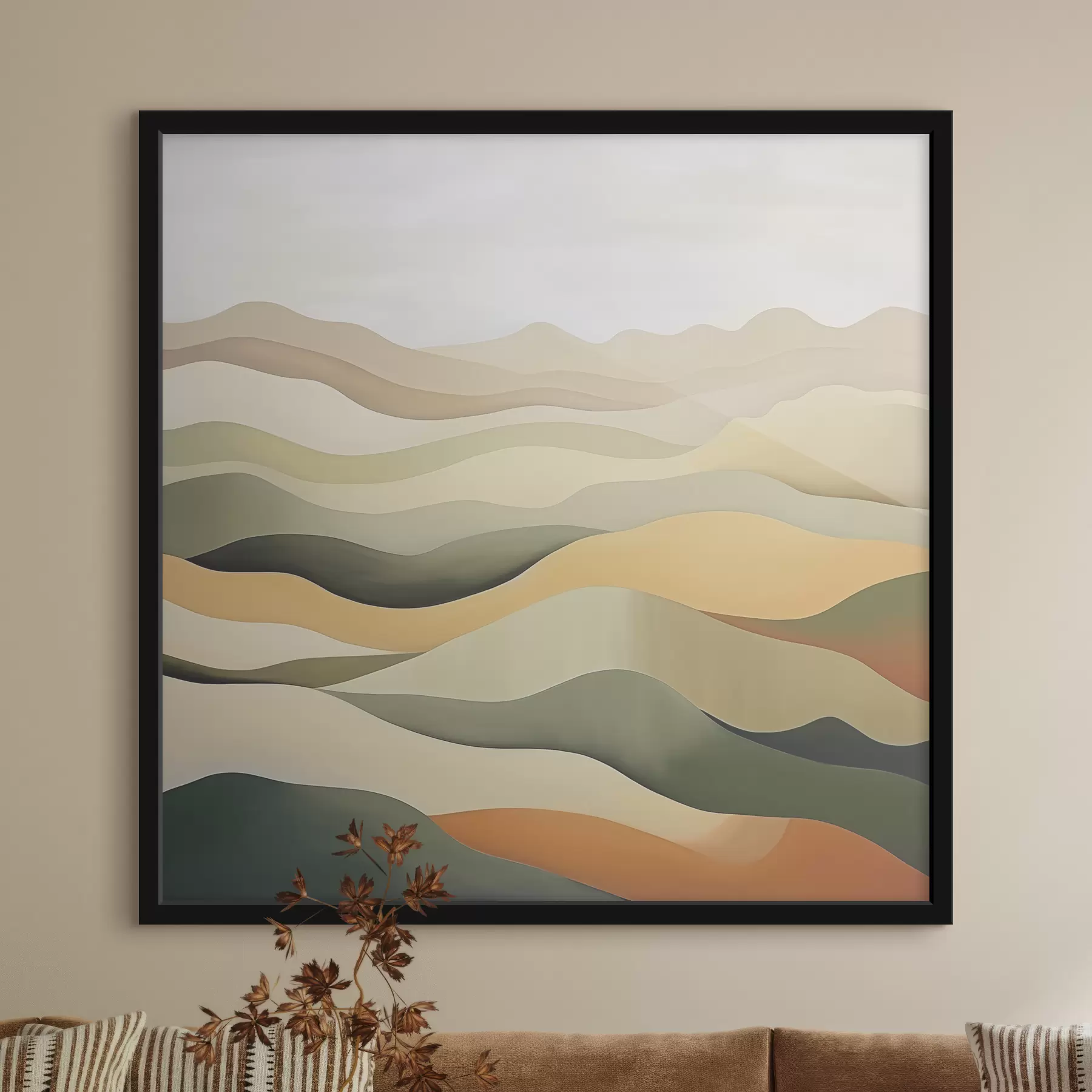 Wandbilder Hügel, abstrakte Landschaft, Gouache, grün, ocker, sepia, grau f38952