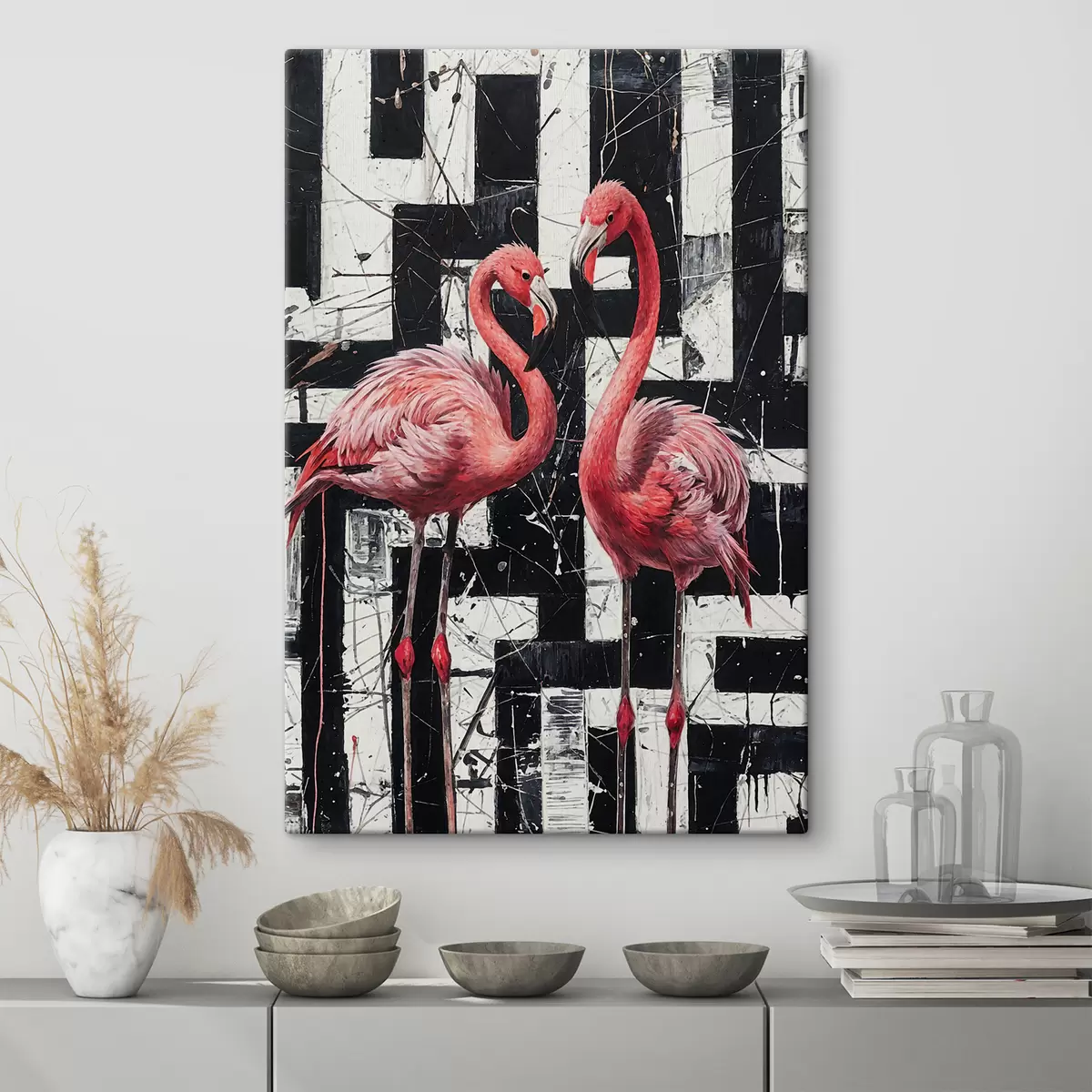 Wandbilder Zwei rosa Flamingos stehen vor einem schwarz-weißen abstrakten Hintergrund Kunstgemälde s38954