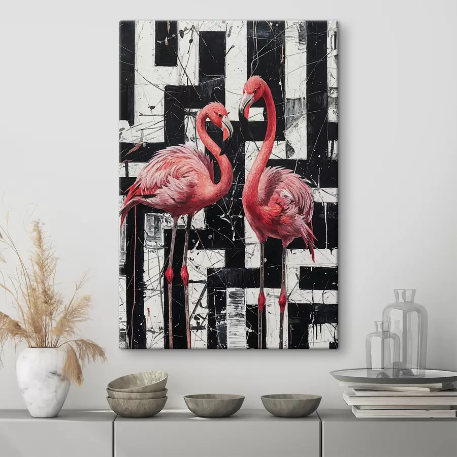 Wandbilder Zwei rosa Flamingos stehen vor einem schwarz-weißen abstrakten Hintergrund Kunstgemälde s38954