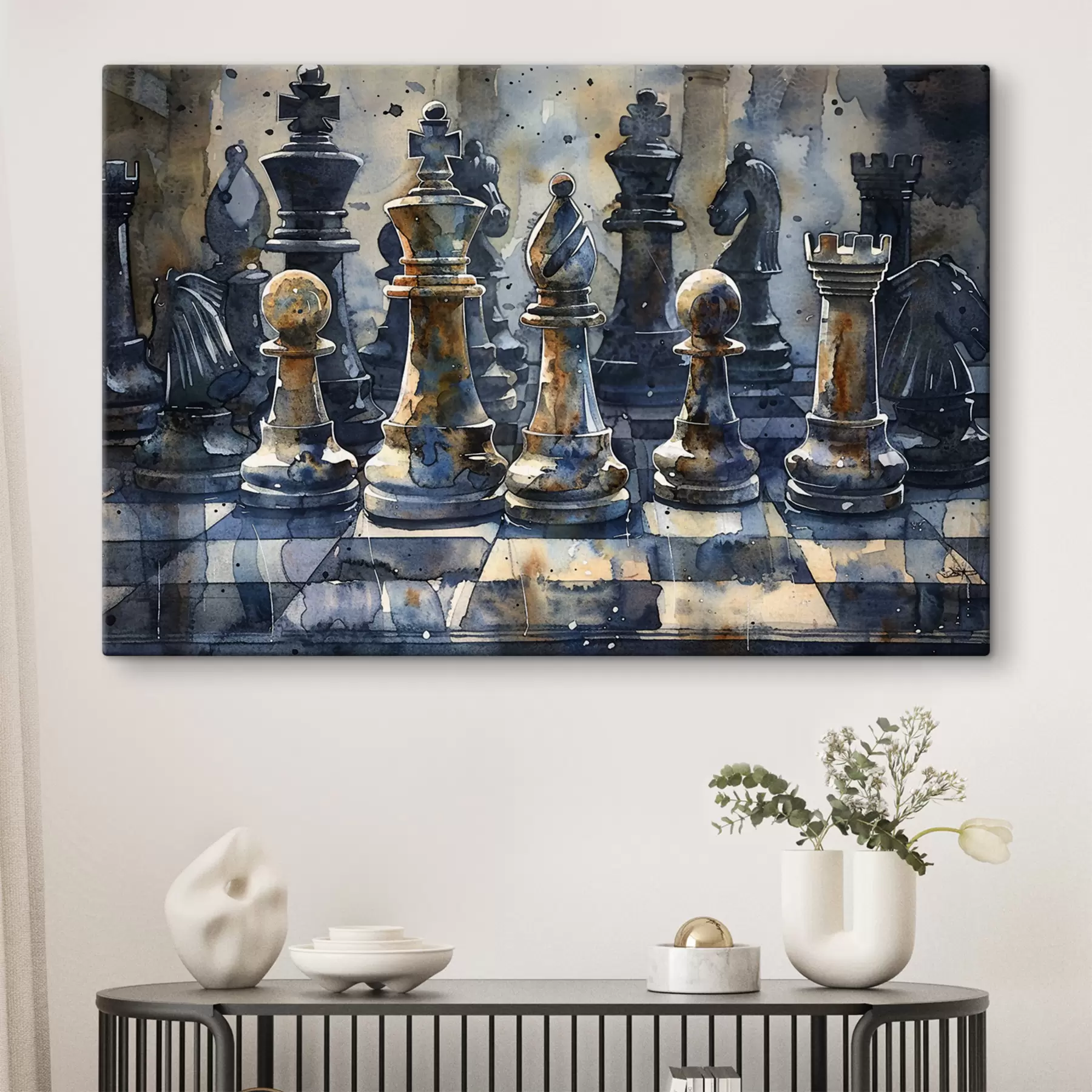 Fototapete Aquarellmalerei, Nahaufnahme eines Schachspiels aus Metall oder Stein, mit detaillierten Designs und Texturen s38960