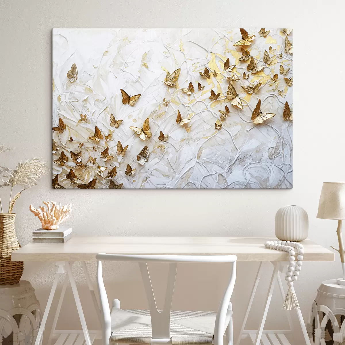 Wandbilder Eine große Gruppe Schmetterlinge auf weißem Hintergrund, die ein schönes und kompliziertes Muster bilden s38970