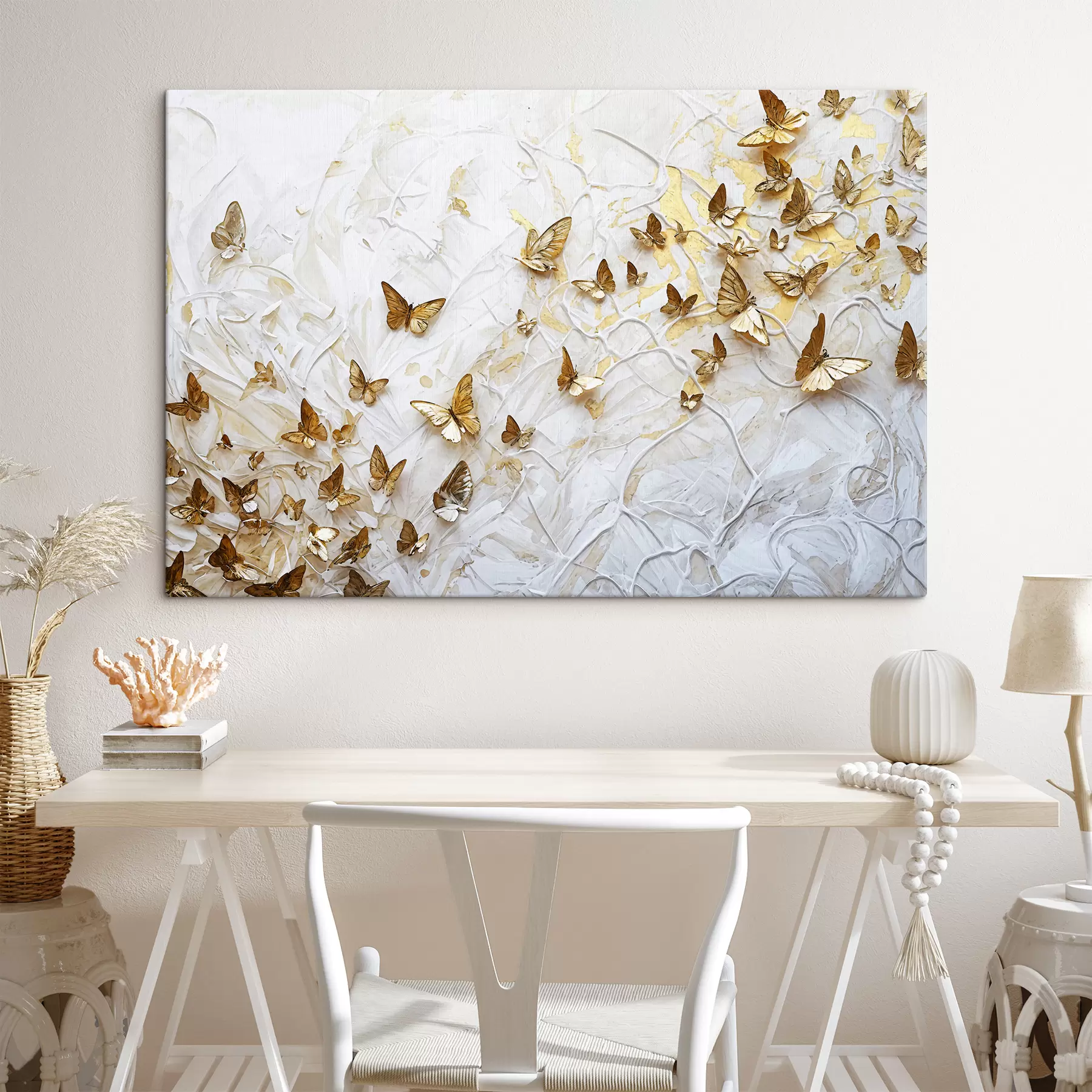 Fototapete Eine große Gruppe Schmetterlinge auf weißem Hintergrund, die ein schönes und kompliziertes Muster bilden s38970