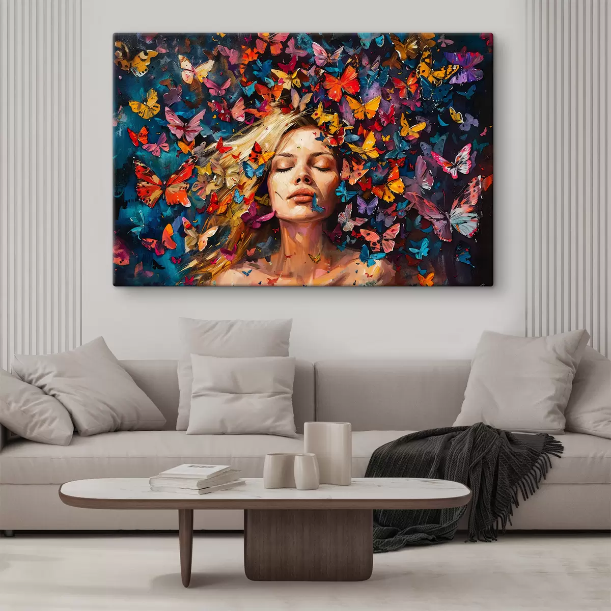 Wandbilder Ölgemälde einer jungen Frau umgeben von einem Schwarm bunter Schmetterlinge vor dunklem Hintergrund s38972