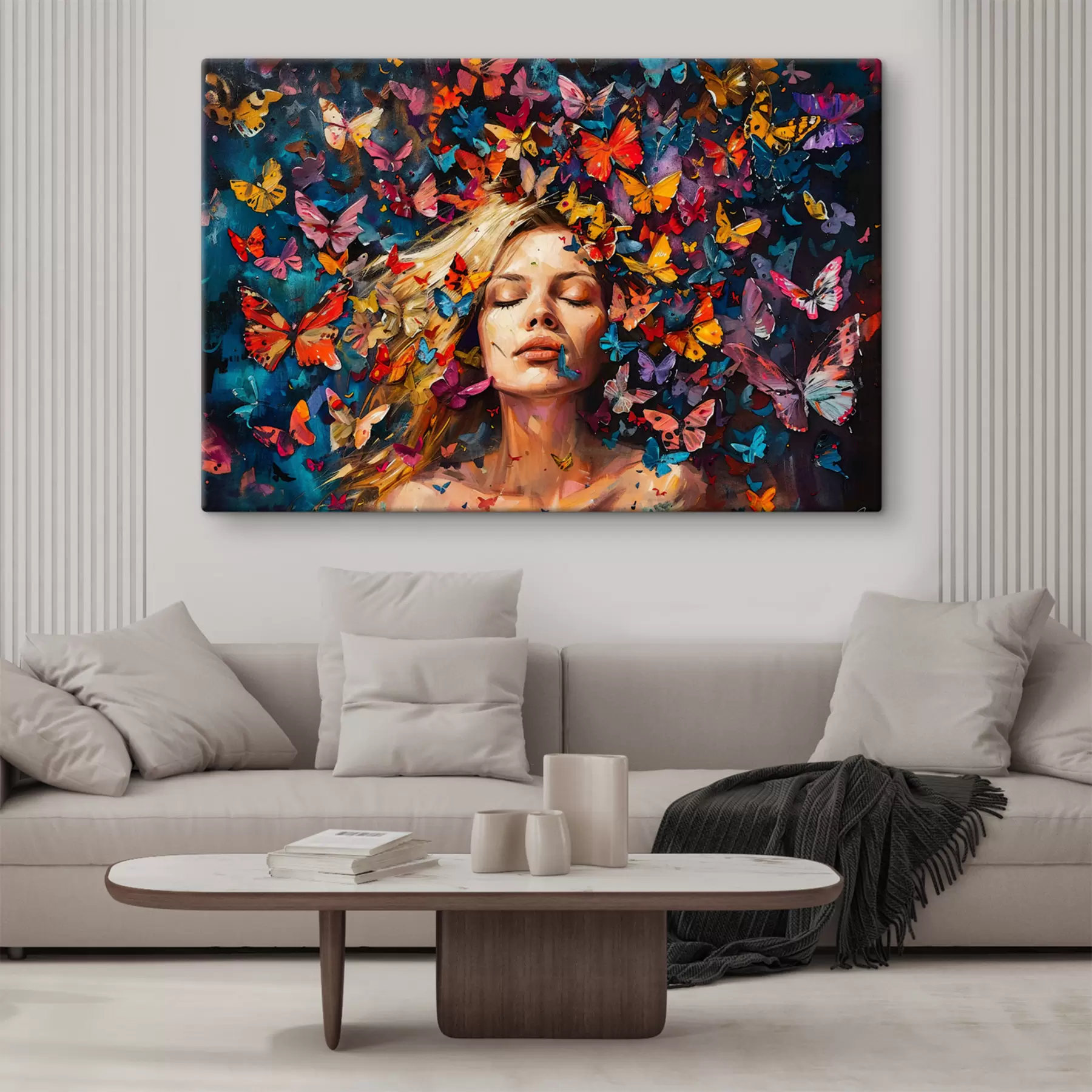 Fototapete Ölgemälde einer jungen Frau umgeben von einem Schwarm bunter Schmetterlinge vor dunklem Hintergrund s38972