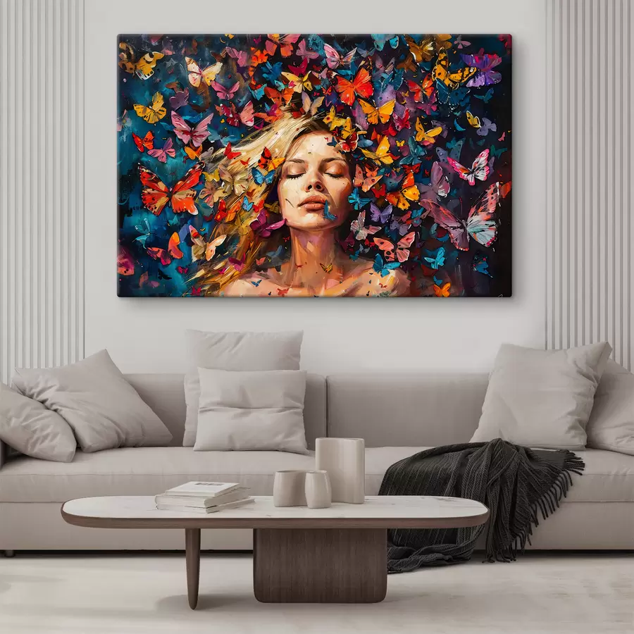 Wandbilder Ölgemälde einer jungen Frau umgeben von einem Schwarm bunter Schmetterlinge vor dunklem Hintergrund s38972