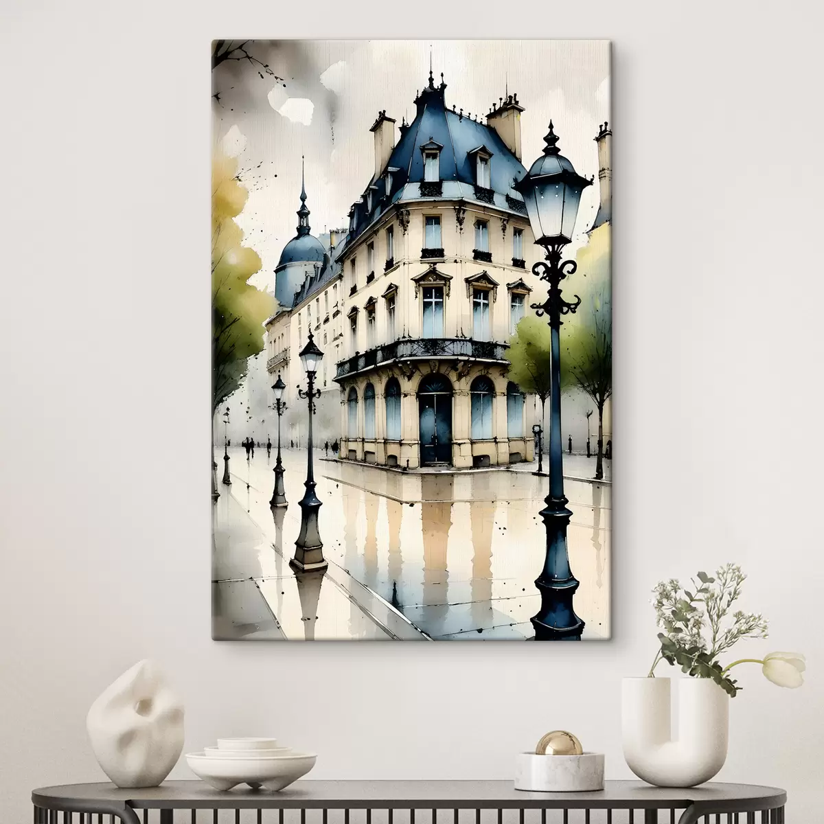 Wandbilder Aquarellmalerei eines historischen Gebäudes mit geschwungener Fassade und dekorativen architektonischen Elementen s38975