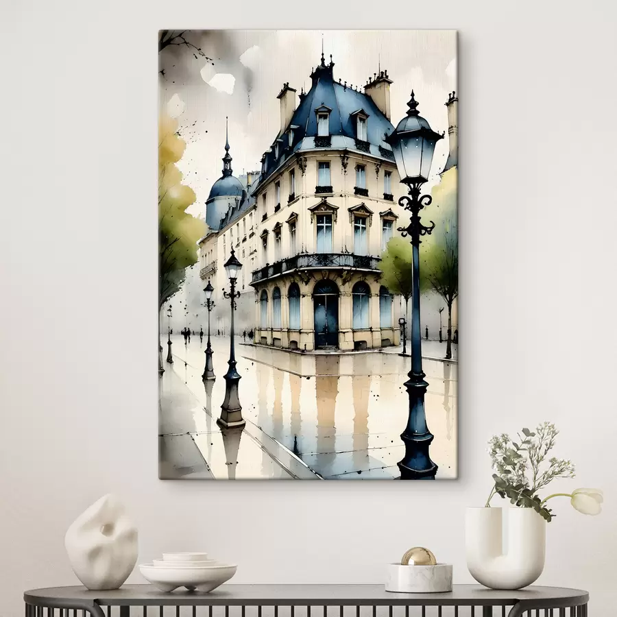 Wandbilder Aquarellmalerei eines historischen Gebäudes mit geschwungener Fassade und dekorativen architektonischen Elementen s38975