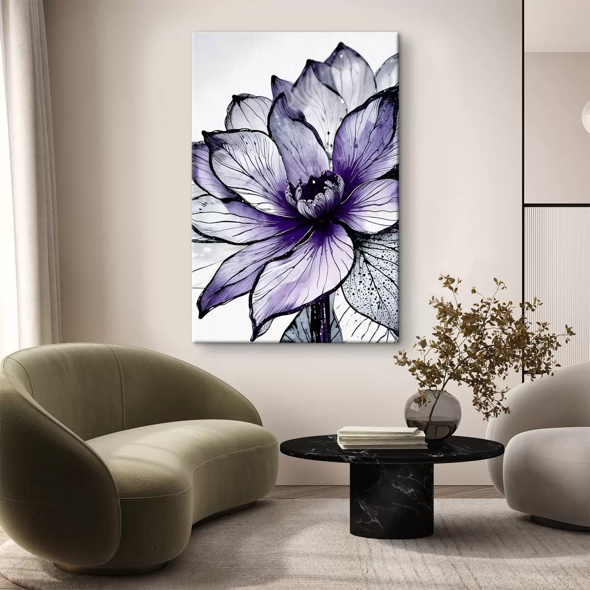 Wandbilder Eine große, leuchtend violette Blume mit zarten, kunstvollen Blütenblättern vor einem dunklen Hintergrund s38982