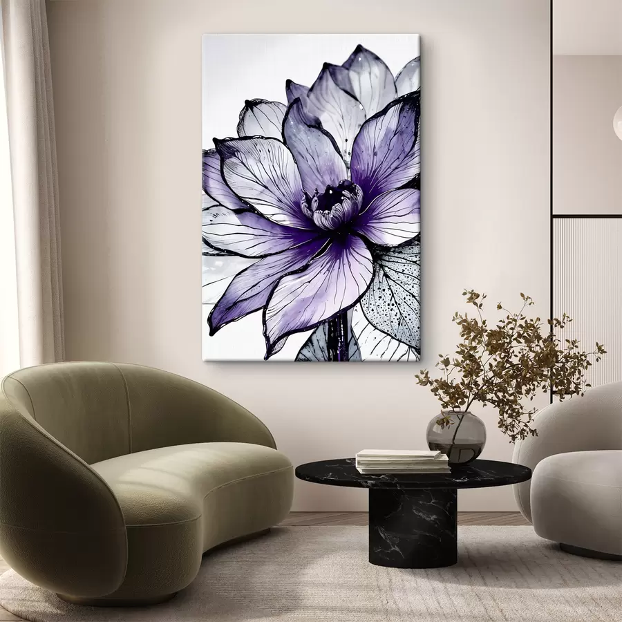 Fototapete Eine große, leuchtend violette Blume mit zarten, kunstvollen Blütenblättern vor einem dunklen Hintergrund s38982
