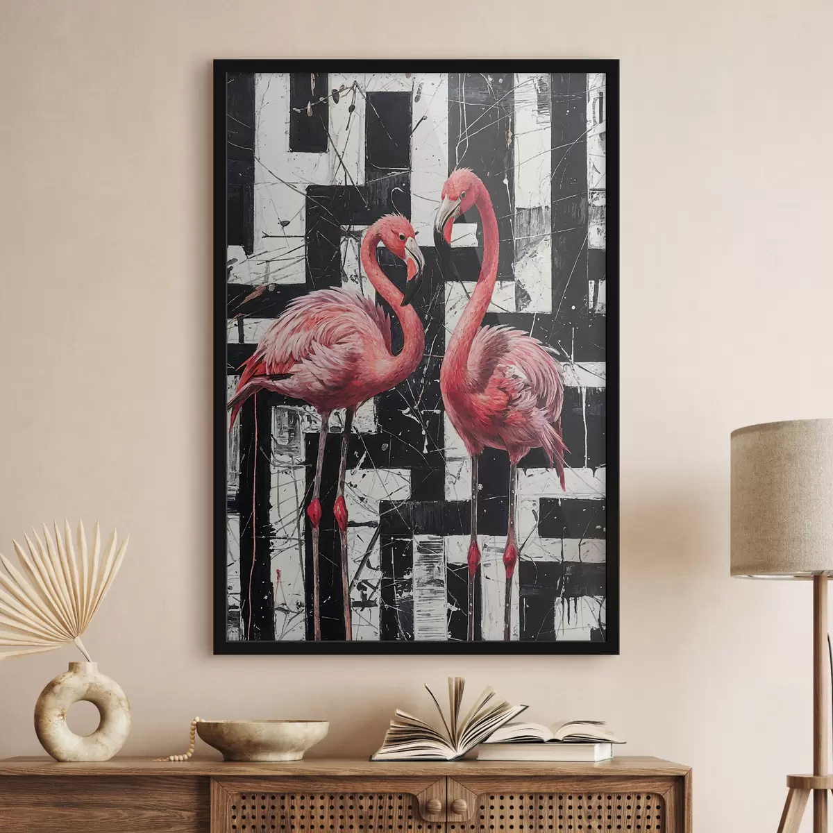 Poster Zwei rosa Flamingos stehen vor einem schwarz-weißen abstrakten Hintergrund Kunstgemälde f38954