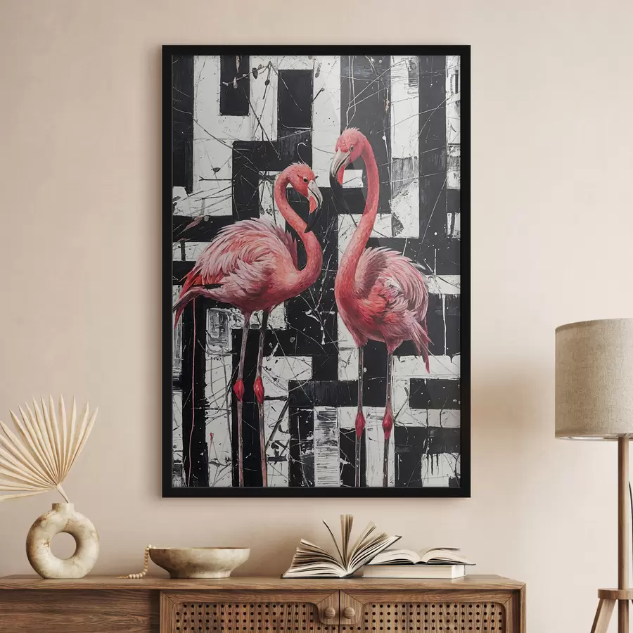 Fototapete Zwei rosa Flamingos stehen vor einem schwarz-weißen abstrakten Hintergrund Kunstgemälde f38954