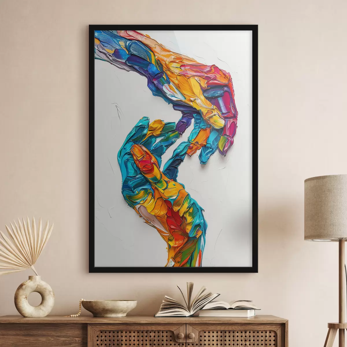 Poster Farbenfrohe abstrakte pastose Ölgemälde Hände mit lebendigen Pinselstrichen in blauer, oranger, gelber und roter Farbe f38955