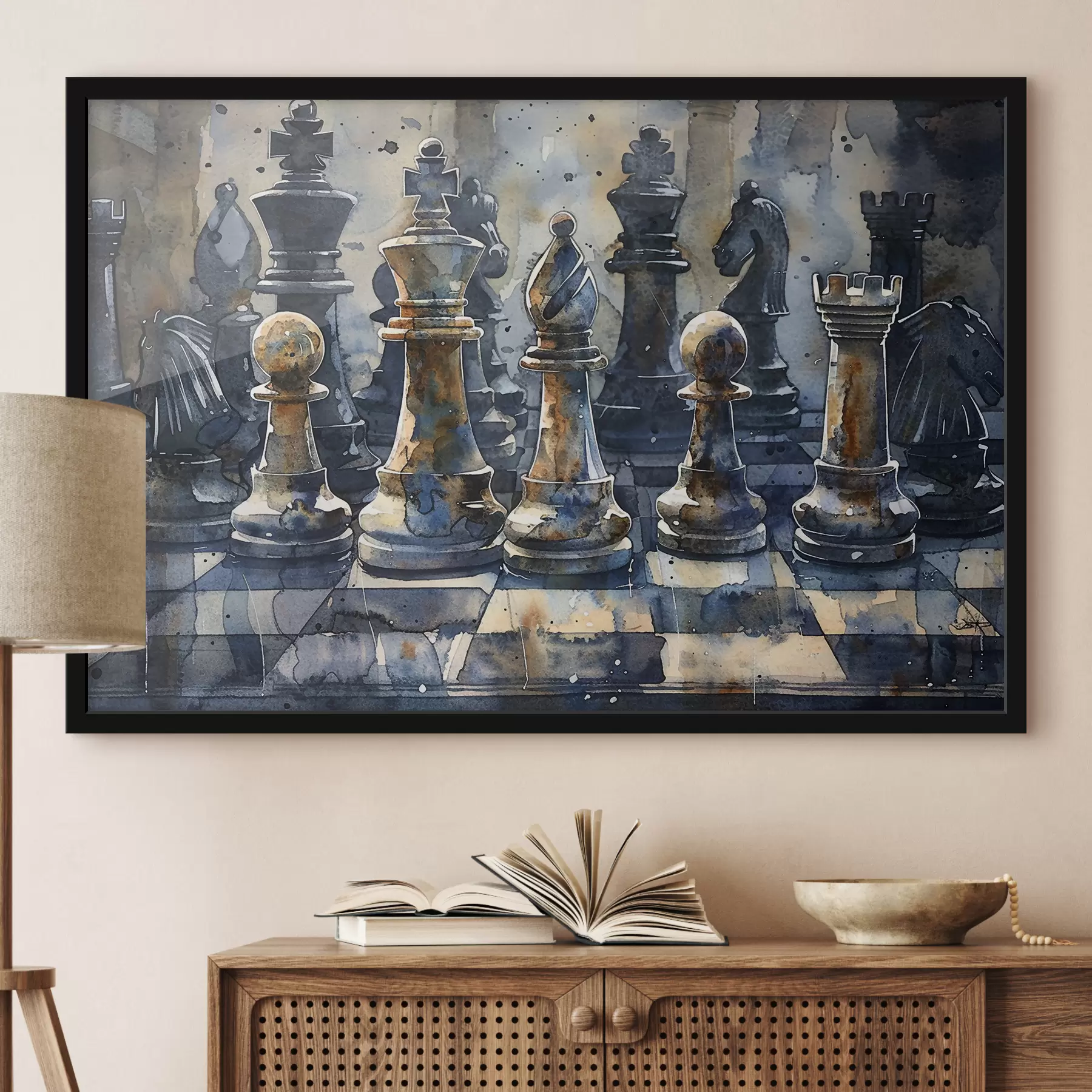 Wandbilder Aquarellmalerei, Nahaufnahme eines Schachspiels aus Metall oder Stein, mit detaillierten Designs und Texturen f38960