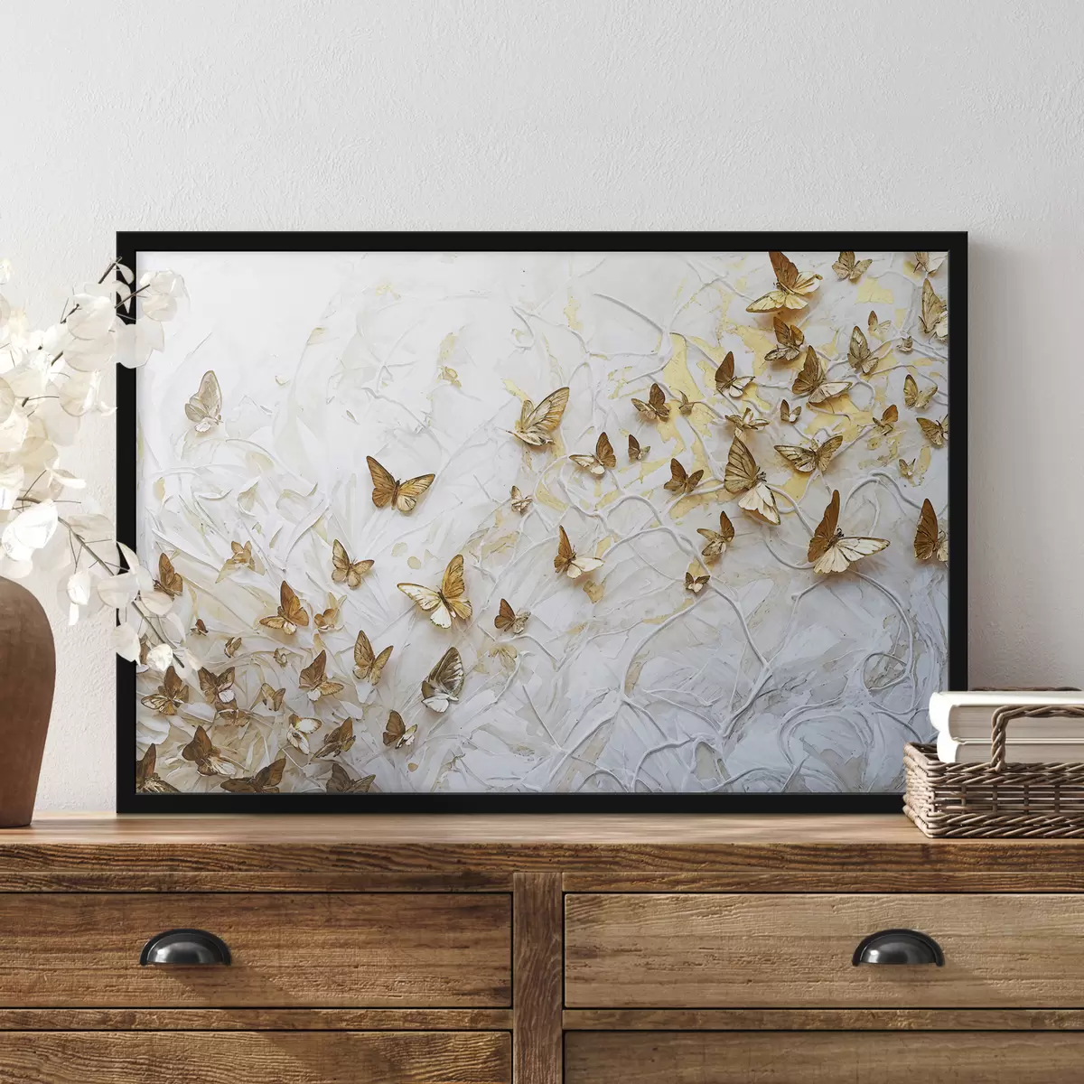 Poster Eine große Gruppe Schmetterlinge auf weißem Hintergrund, die ein schönes und kompliziertes Muster bilden f38970