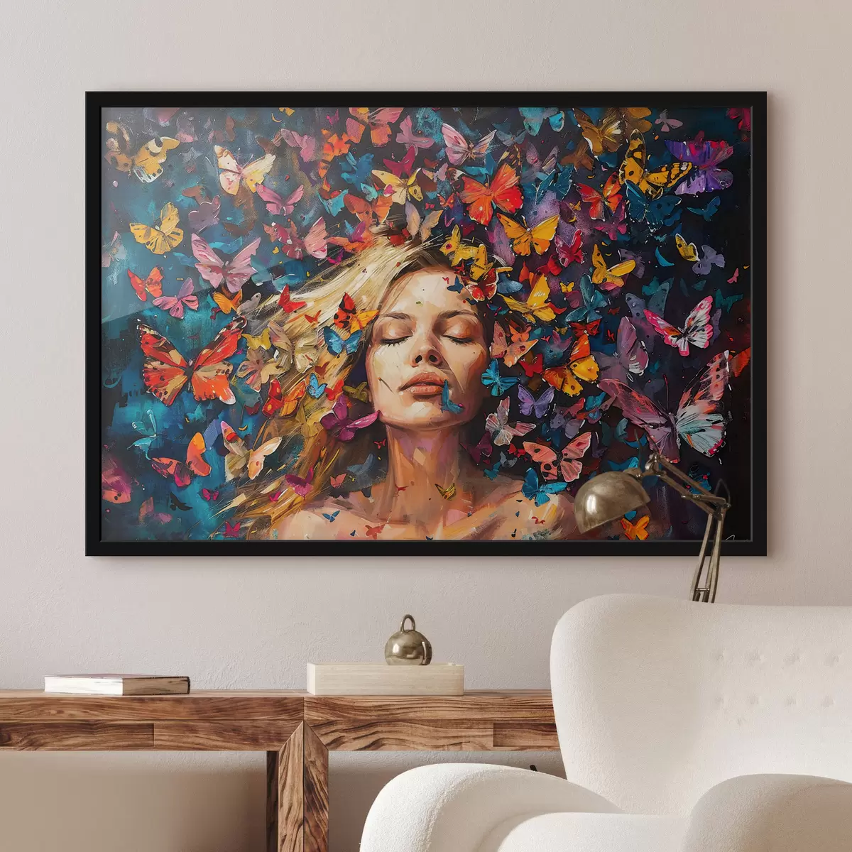 Poster Ölgemälde einer jungen Frau umgeben von einem Schwarm bunter Schmetterlinge vor dunklem Hintergrund f38972