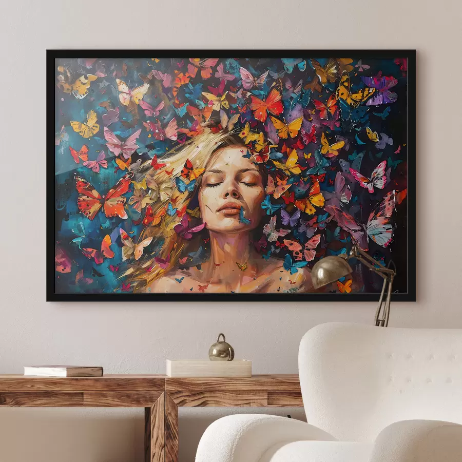 Fototapete Ölgemälde einer jungen Frau umgeben von einem Schwarm bunter Schmetterlinge vor dunklem Hintergrund f38972