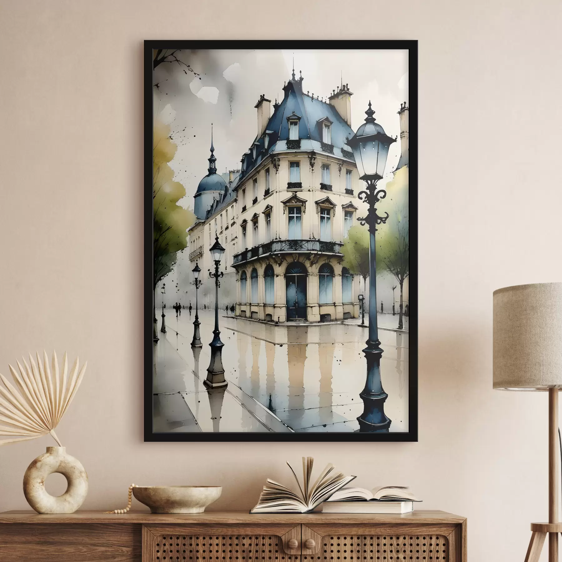 Wandbilder Aquarellmalerei eines historischen Gebäudes mit geschwungener Fassade und dekorativen architektonischen Elementen f38975