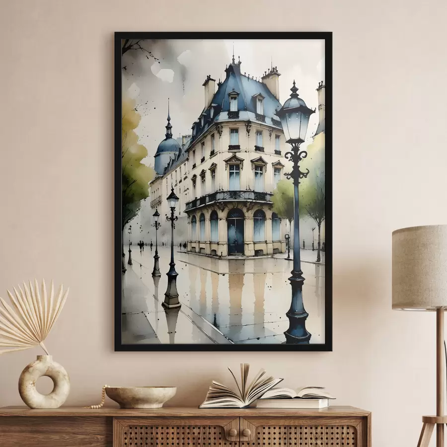 Fototapete Aquarellmalerei eines historischen Gebäudes mit geschwungener Fassade und dekorativen architektonischen Elementen f38975