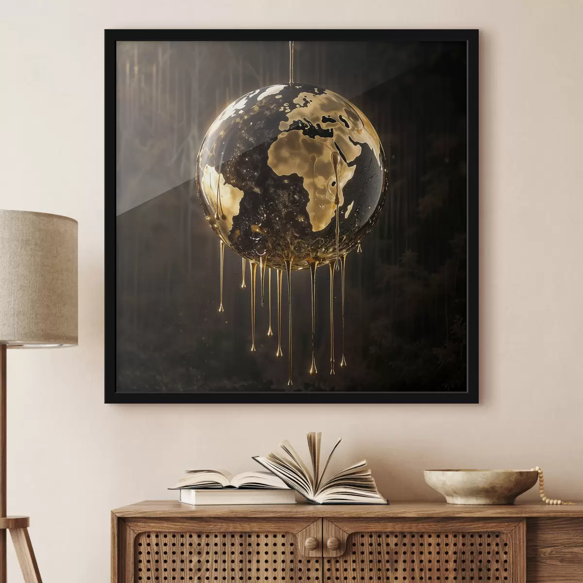 Poster Eine glühende Kugel, die die Erde inmitten einer tropfenden Flüssigkeit auf einem dunklen Hintergrund darstellt f38983