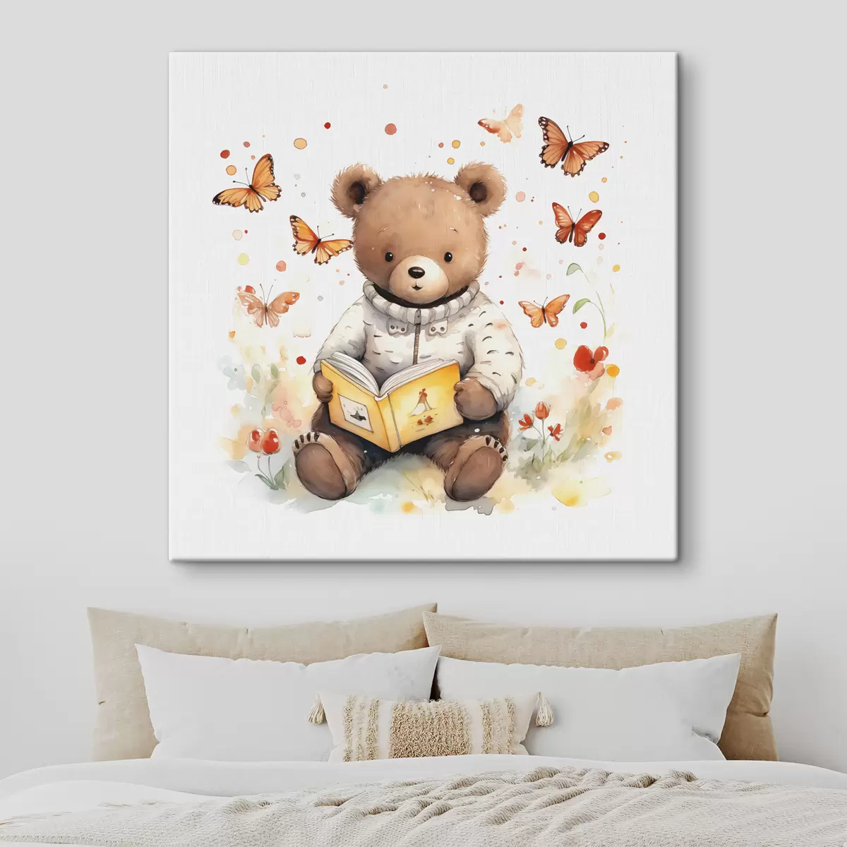Wandbilder Braunbärjunges im Pullover liest ein Buch, umgeben von Aquarell-Schmetterlingen s39025