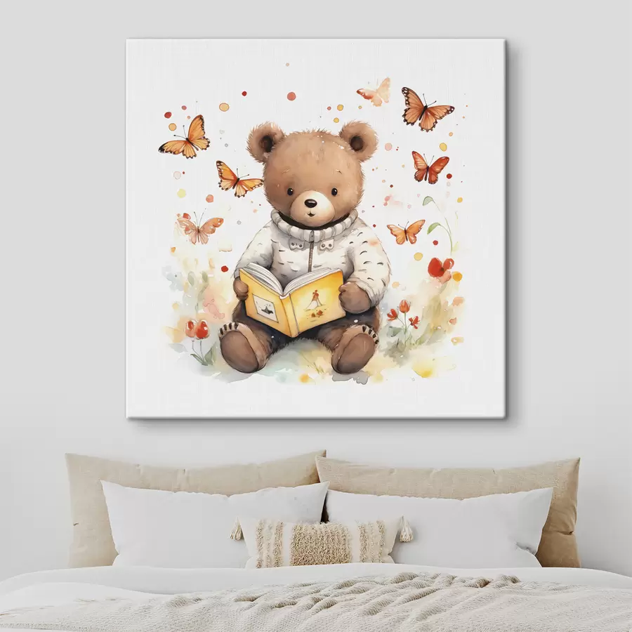 Wandbilder Braunbärjunges im Pullover liest ein Buch, umgeben von Aquarell-Schmetterlingen s39025
