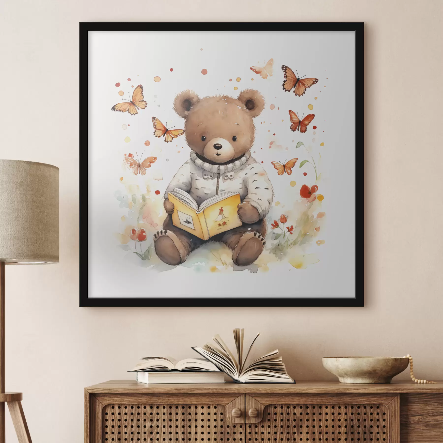 Fototapete Ein Braunbär im Pullover liest ein Buch, umgeben von Schmetterlingen in Aquarellfarben f39025