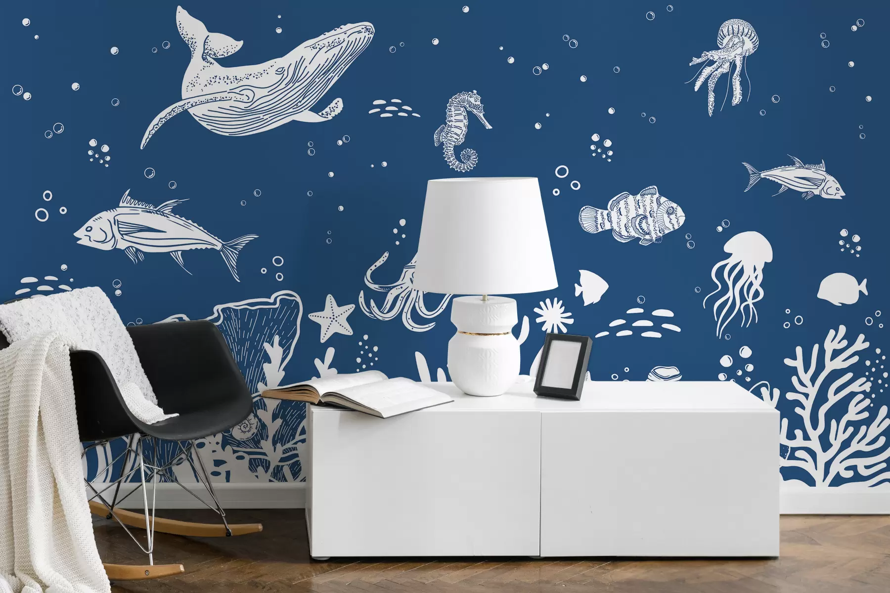 Fototapete Meereslebewesen, Fische, Wale, Tintenfische, Quallen, Korallen, Meereslebewesen, dunkelblaue Farbe w00850v4