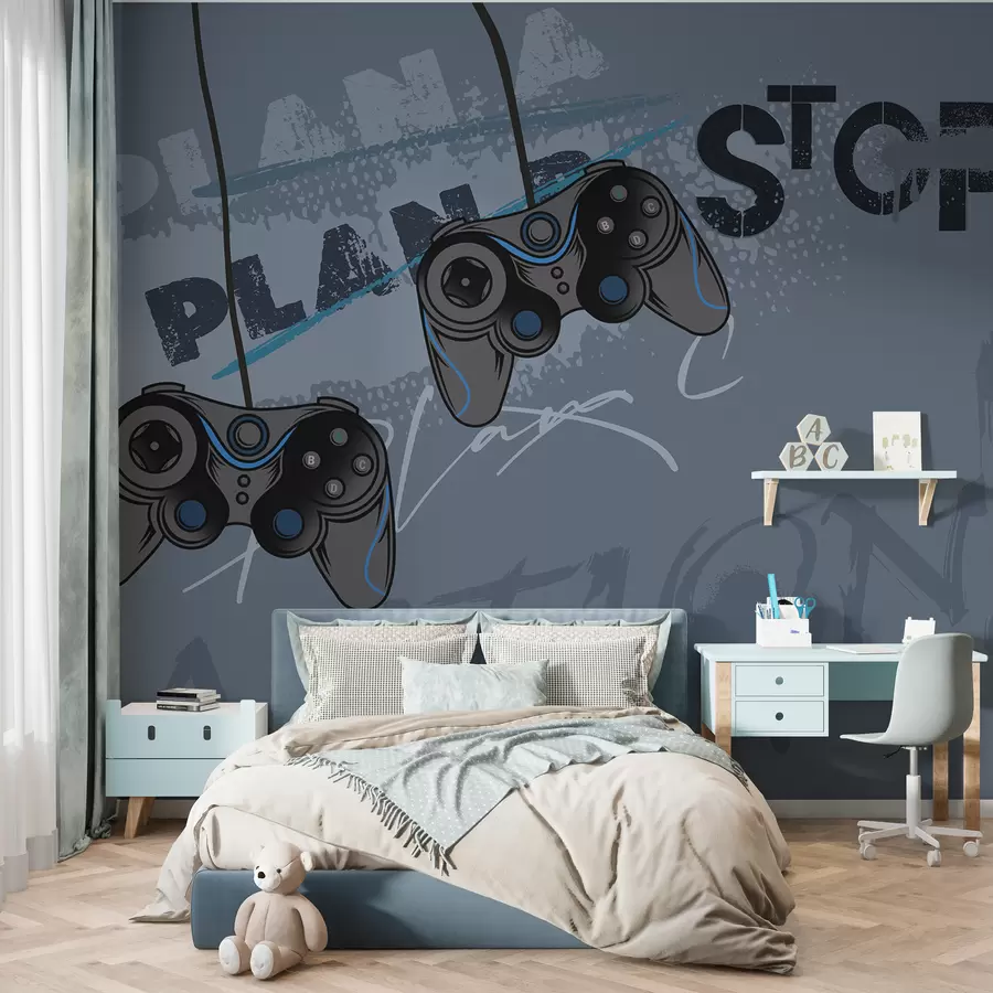 Fototapete Kindertapete für Teenager mit Joysticks und grafischem Schriftzug in Blau w00829