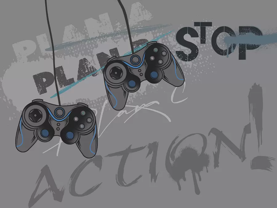 Fototapete Kindertapete für Teenager mit Joysticks und grafischem Schriftzug in Grau w00829v1