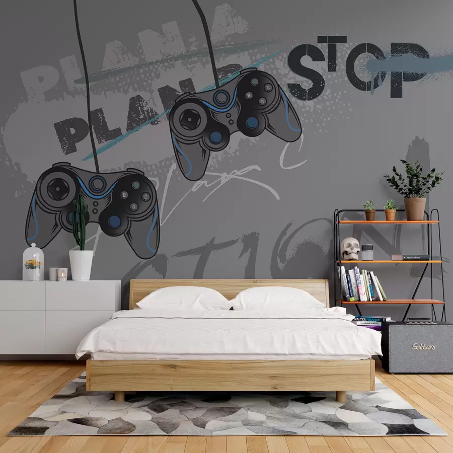 Fototapete Kindertapete für Teenager mit Joysticks und grafischem Schriftzug in Grau w00829v1