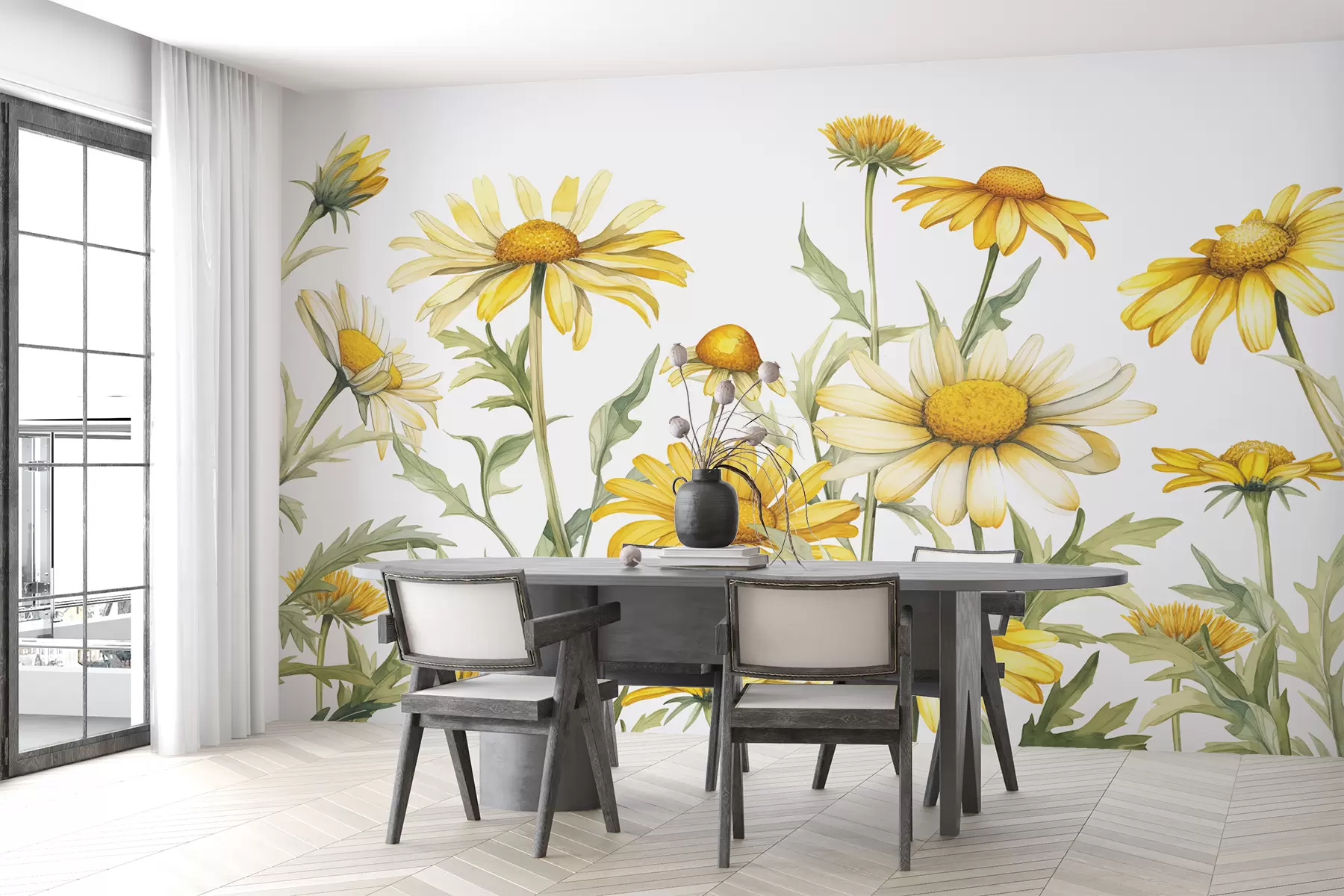 Fototapete Große gelbe Gänseblümchen blühen Aquarell, gelbe und grüne Farbe w01177