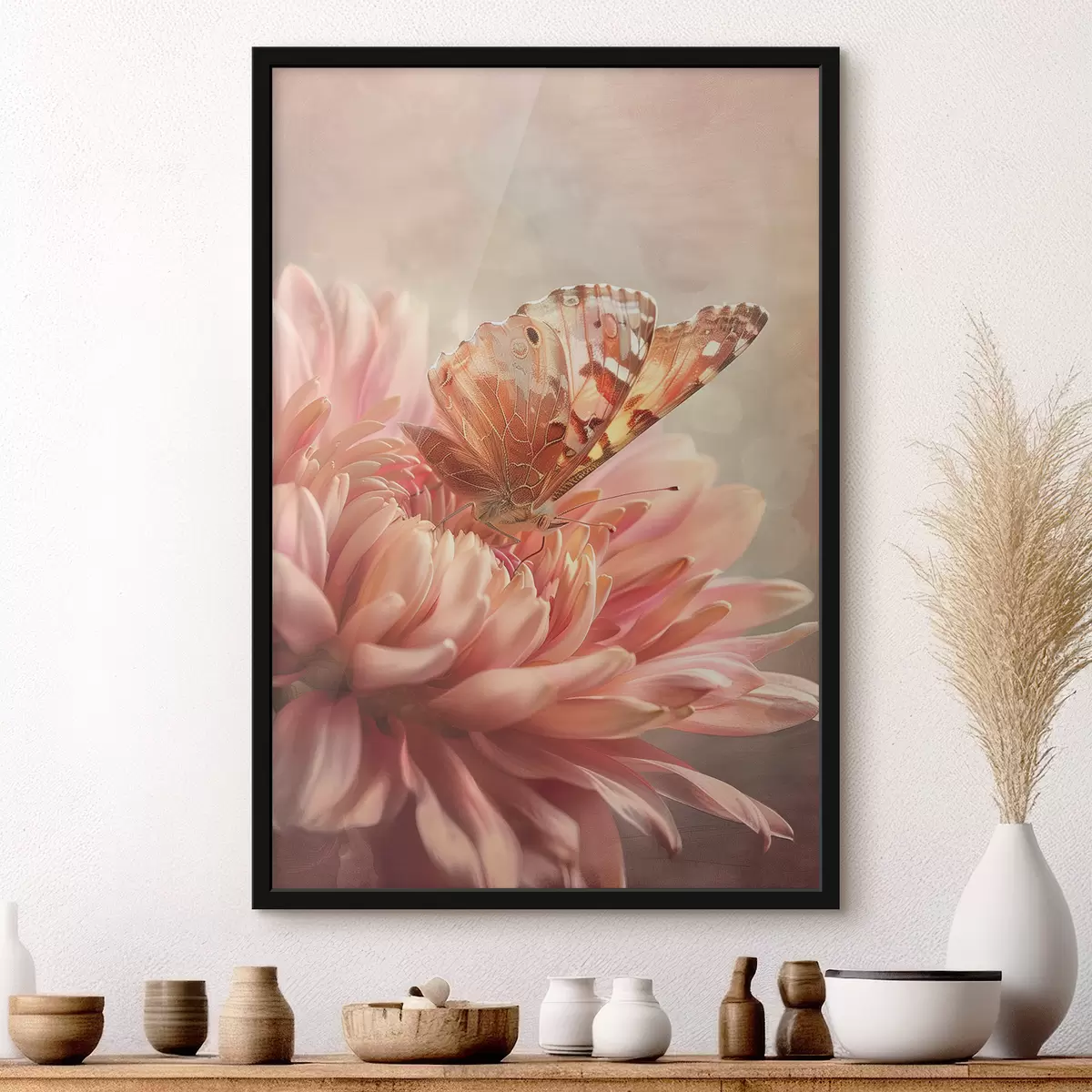 Poster Schmetterling auf einer großen Blütenknospe f39071