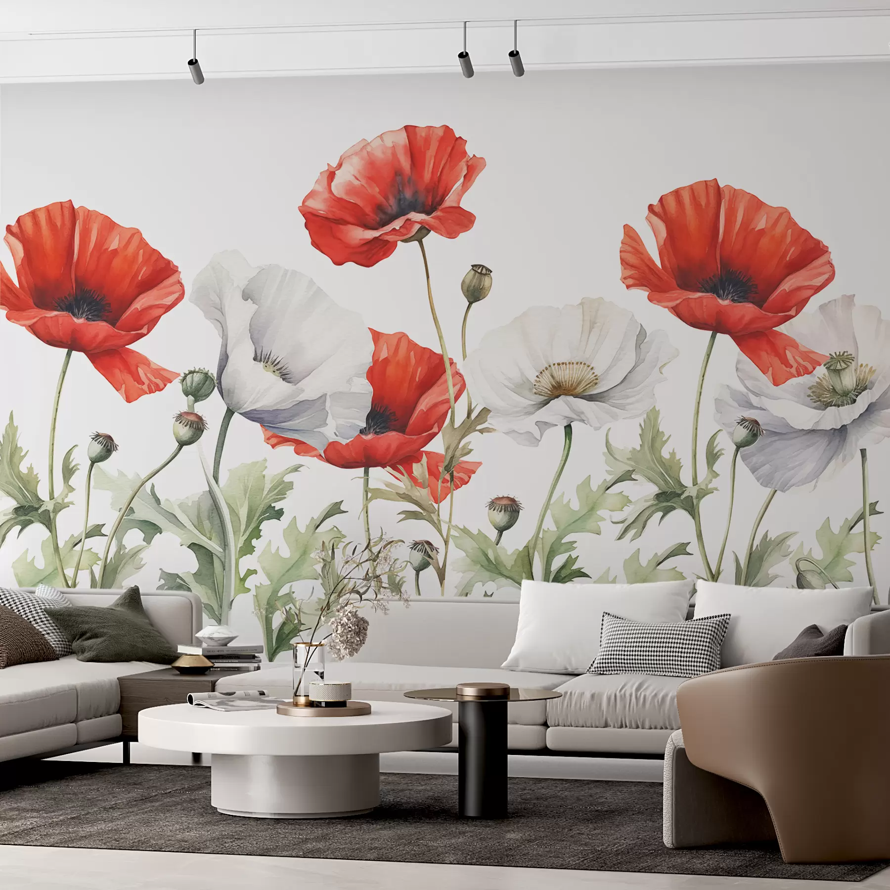 Fototapete Rote und weiße Mohnblumen Aquarell w01203