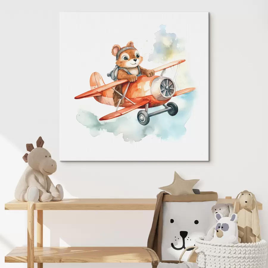 Wandbilder Baby-Eichhörnchen fliegt in einem roten Flugzeug Kinder Illustration Aquarell s39116