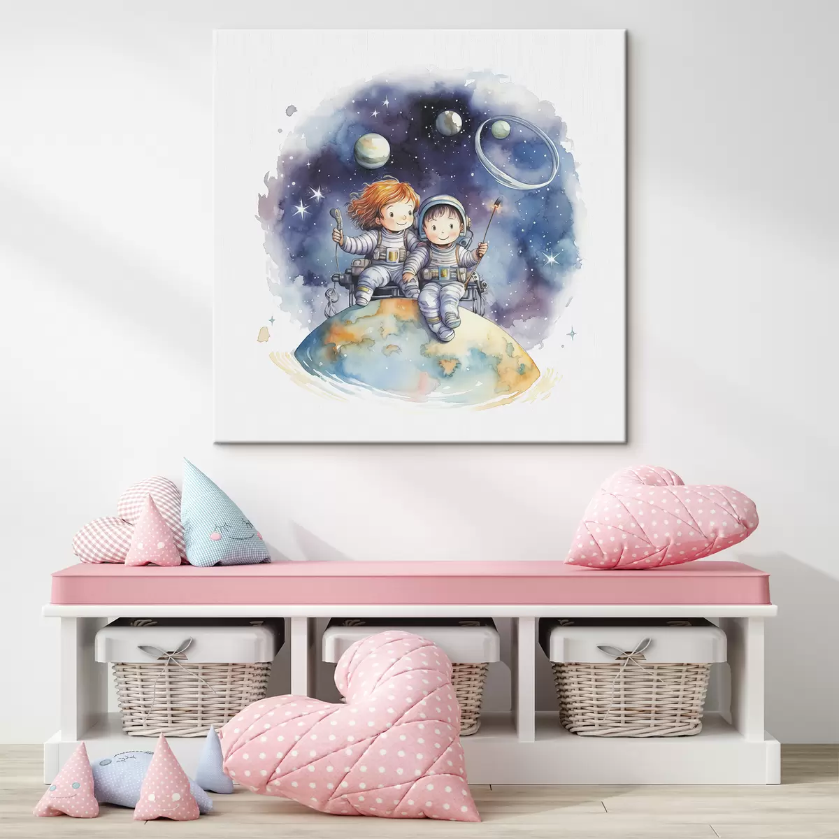 Wandbilder Kinder in Raumanzügen sitzen auf einem Planeten im Weltraum, Aquarell-Illustration für Kinder s39117