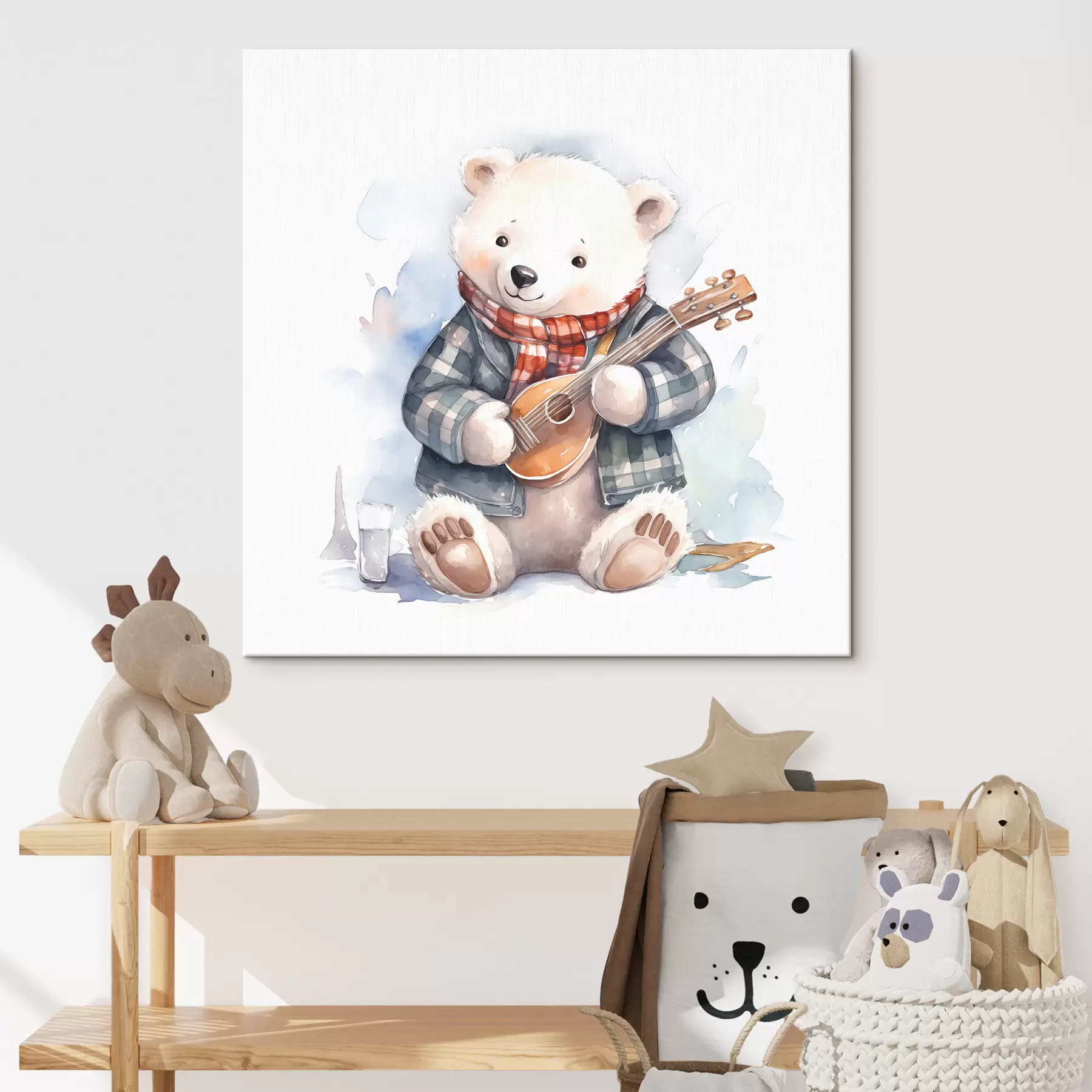 Wandbilder Eisbär-Musiker in blau kariertem Anzug und rotem Schal spielt Gitarre, Aquarell-Illustration für Kinder s39120