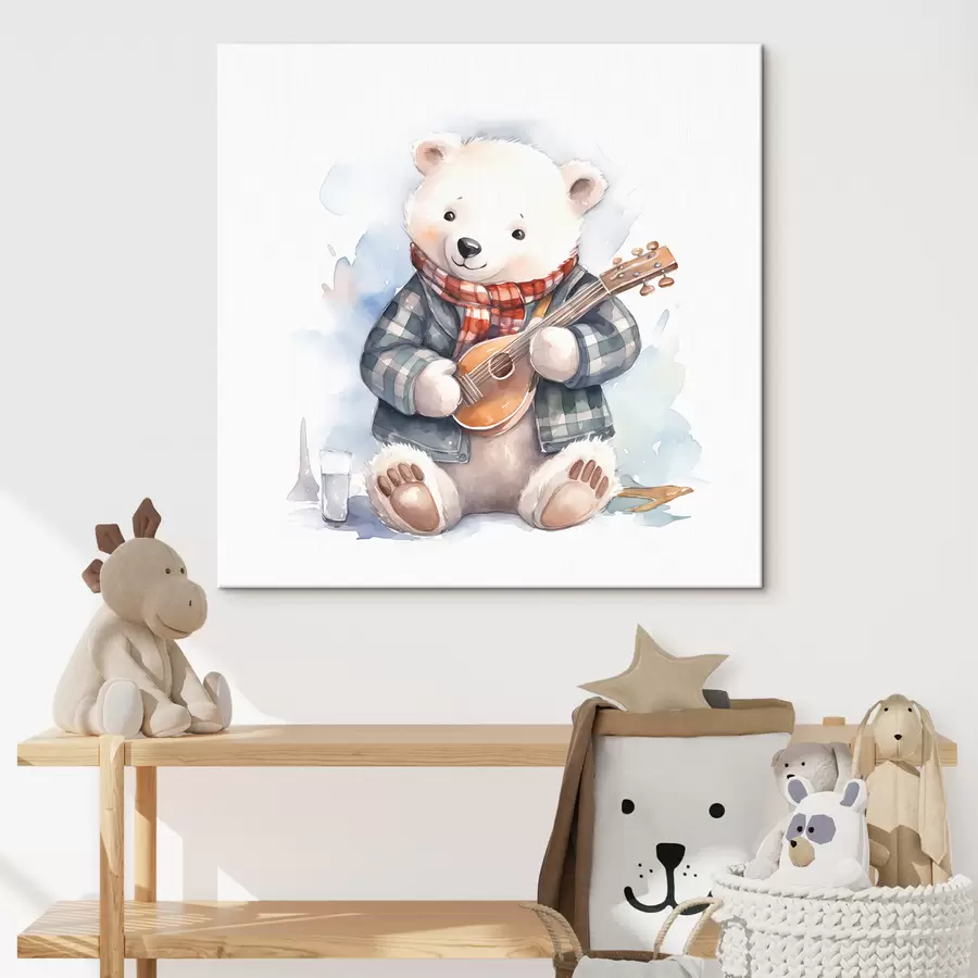 Wandbilder Eisbär-Musiker in blau kariertem Anzug und rotem Schal spielt Gitarre, Aquarell-Illustration für Kinder s39120