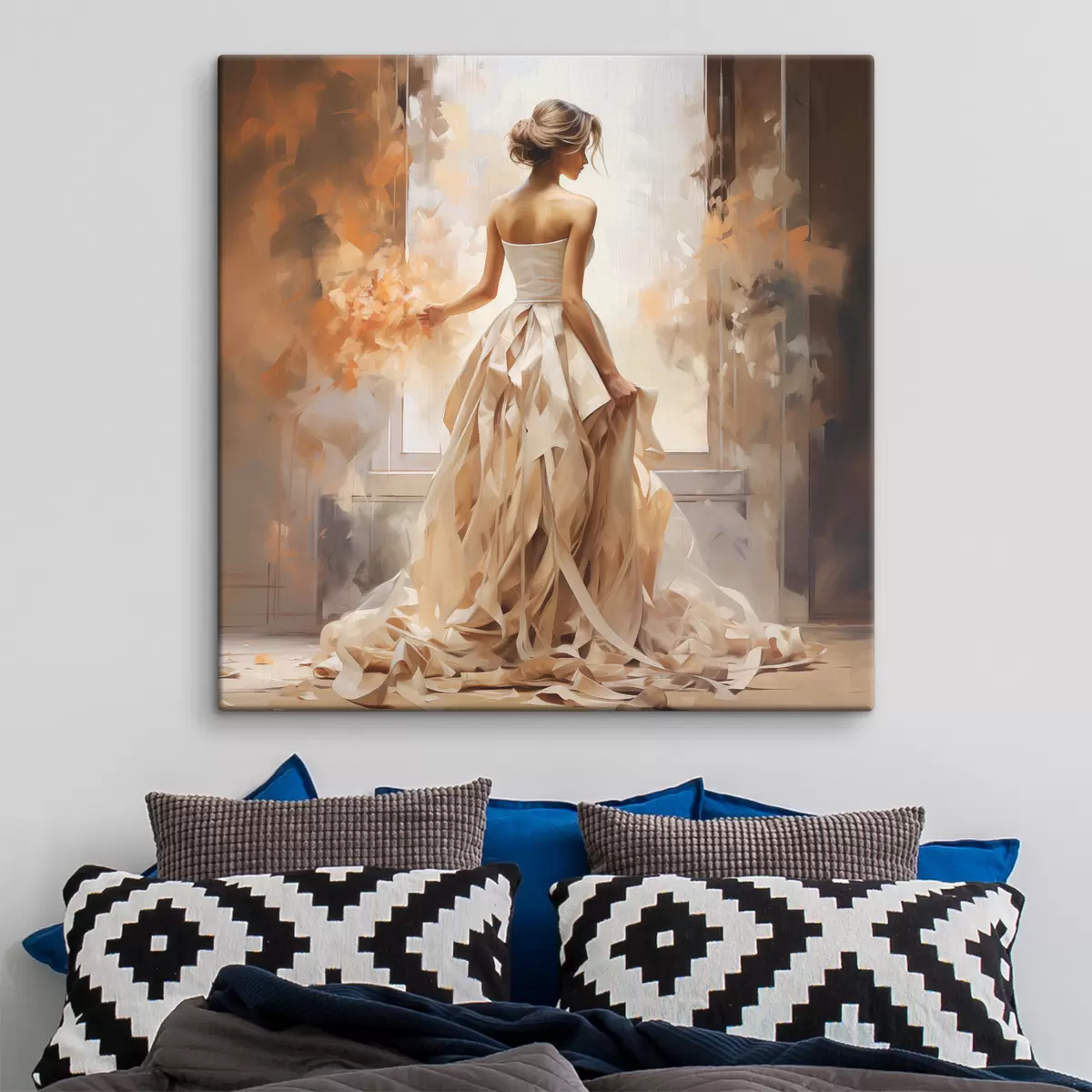 Wandbilder Ein Mädchen in einem weißen langen Hochzeitskleid steht am Fenster zwischen dem Feuer und malt mit handgemachten s39125