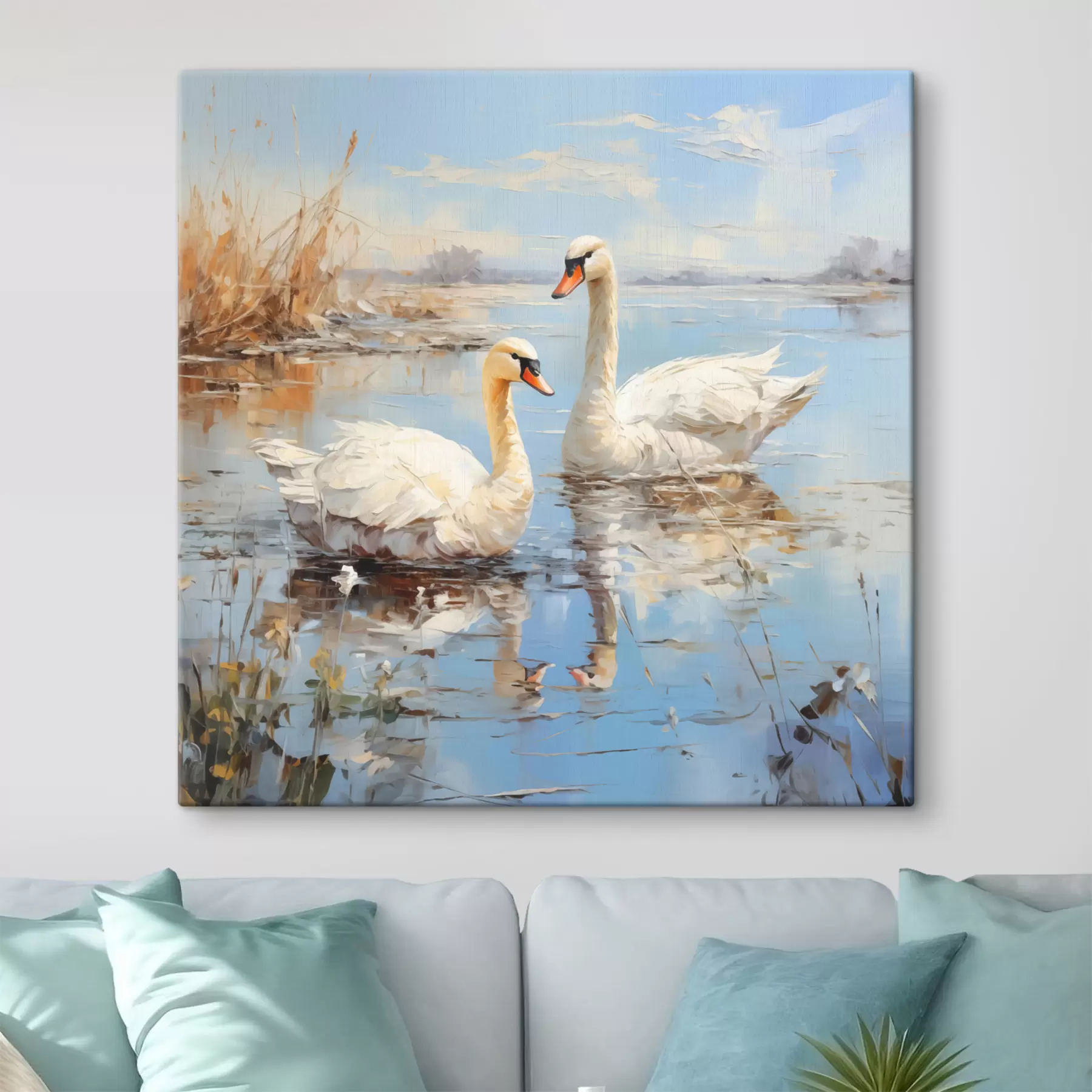 Fototapete Weiße Gänse schwimmen entlang des Flusses zwischen dem Schilf, blau, weiß, beige Farbe s39130