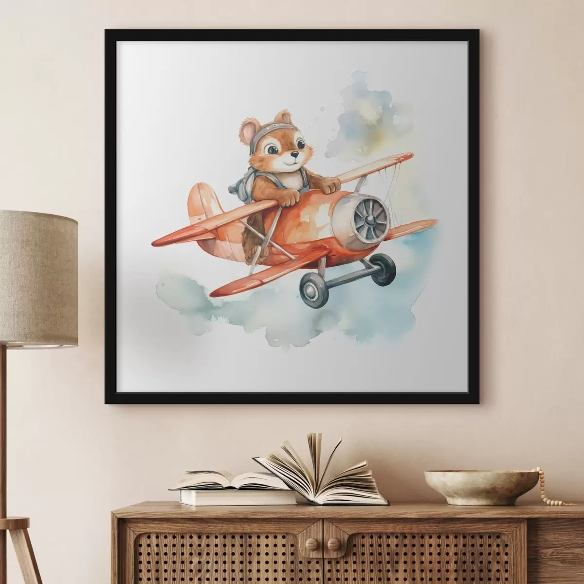 Poster Kleines Eichhörnchen fliegt in einer aquarellierten Kinderillustration eines roten Flugzeugs f39116