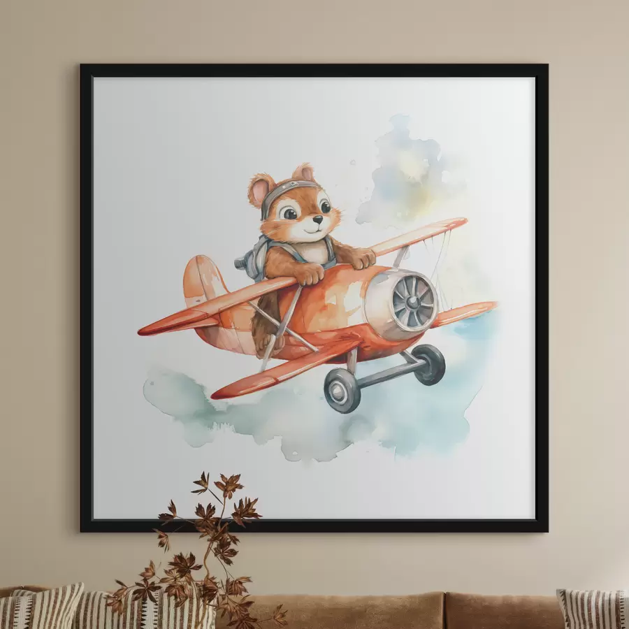 Fototapete Kleines Eichhörnchen fliegt in einer aquarellierten Kinderillustration eines roten Flugzeugs f39116