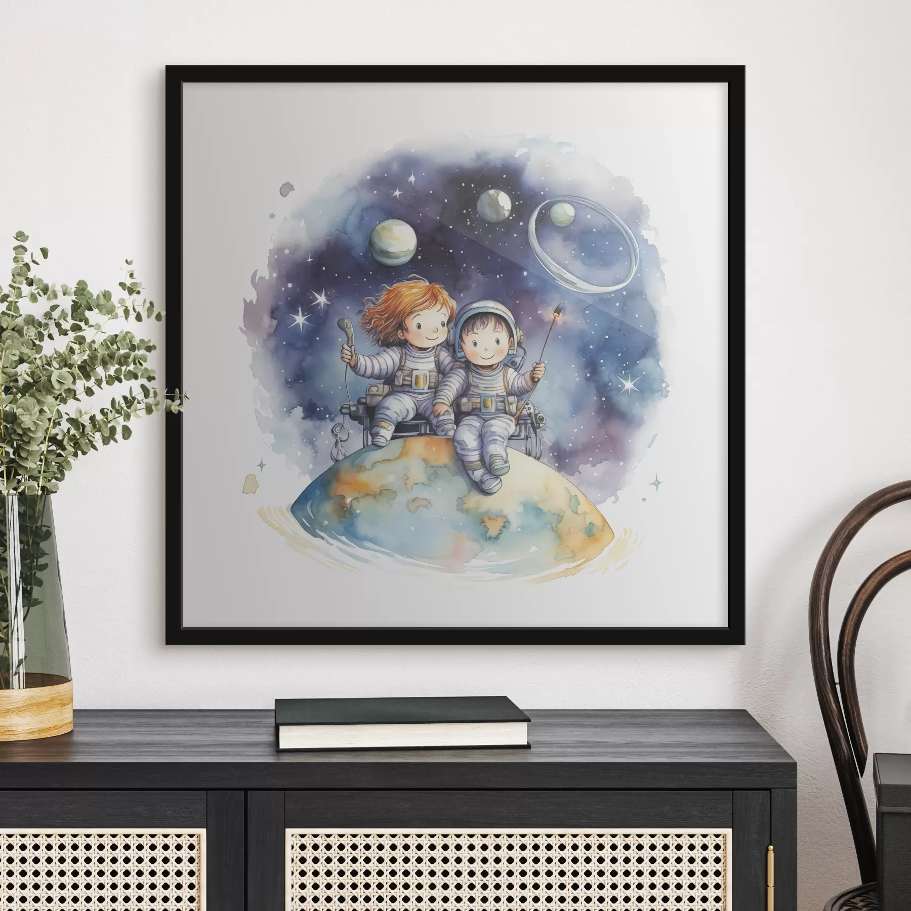 Fototapete Kinder in Raumanzügen sitzen auf einem Planeten im Raum Aquarell Illustration für Kinder f39117