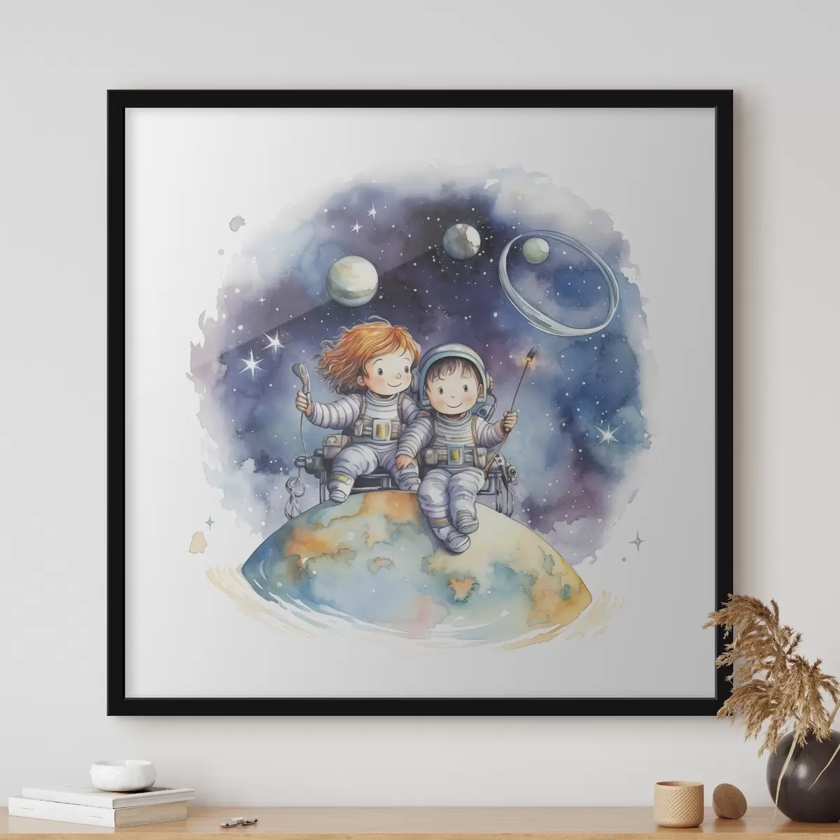 Poster Kinder in Raumanzügen sitzen auf einem Planeten im Raum Aquarell Illustration für Kinder f39117