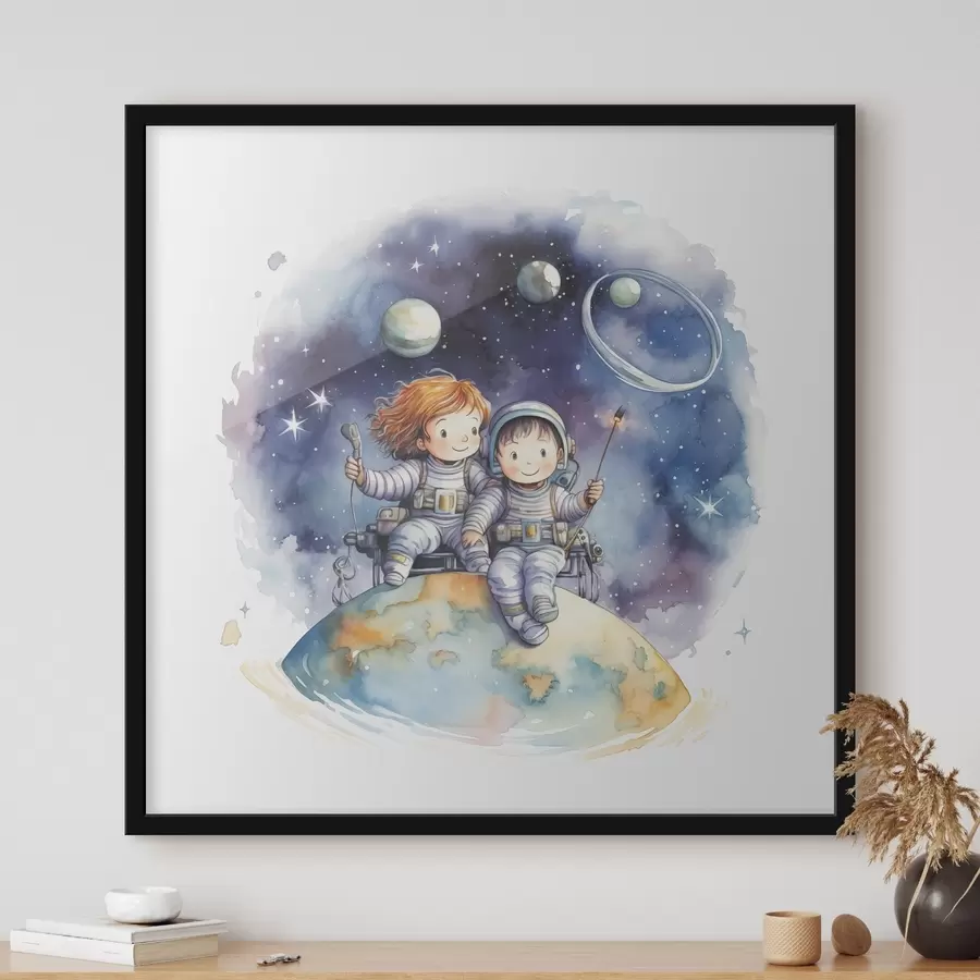 Fototapete Kinder in Raumanzügen sitzen auf einem Planeten im Raum Aquarell Illustration für Kinder f39117