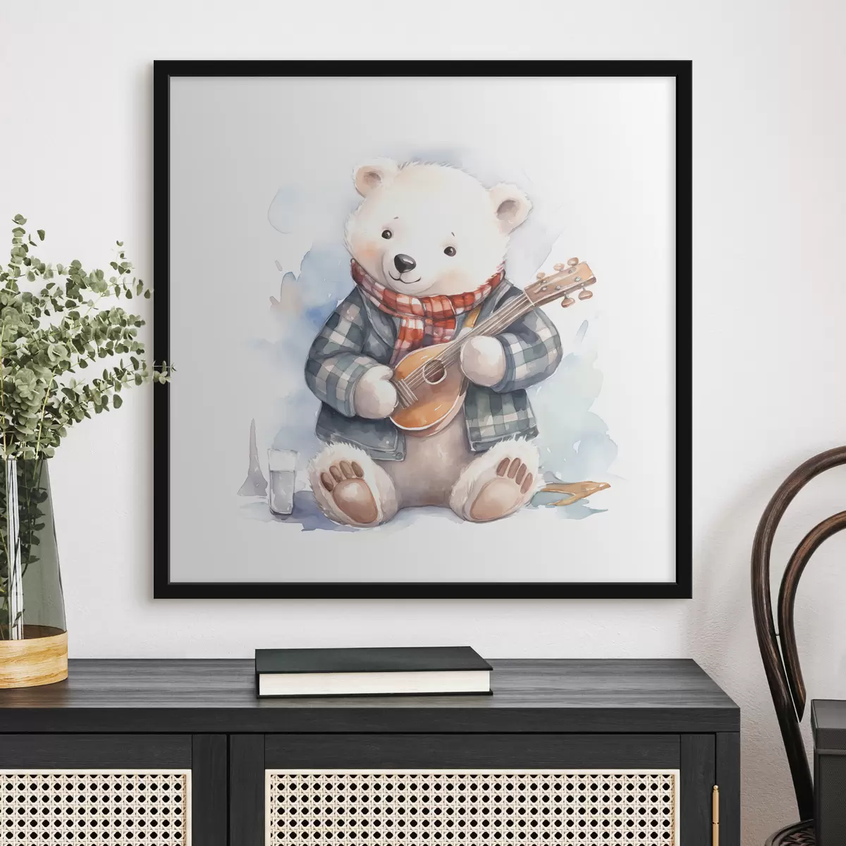 Poster Eisbär Musiker in einem blau-karierten Anzug und rotem Schal spielt die Gitarre Aquarell Illustration für Kinder f39120