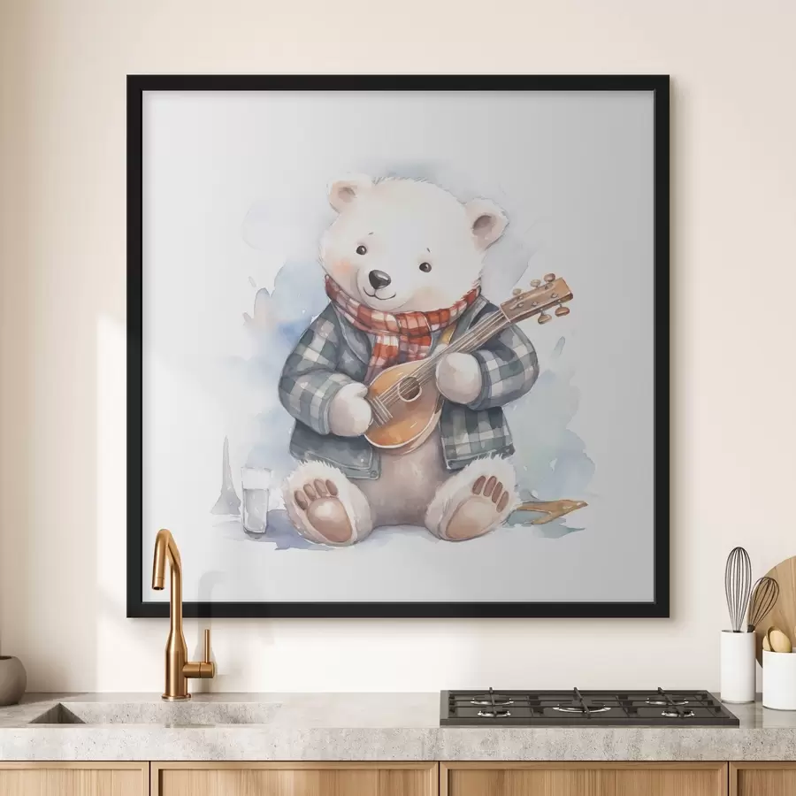 Fototapete Eisbär Musiker in einem blau-karierten Anzug und rotem Schal spielt die Gitarre Aquarell Illustration für Kinder f39120