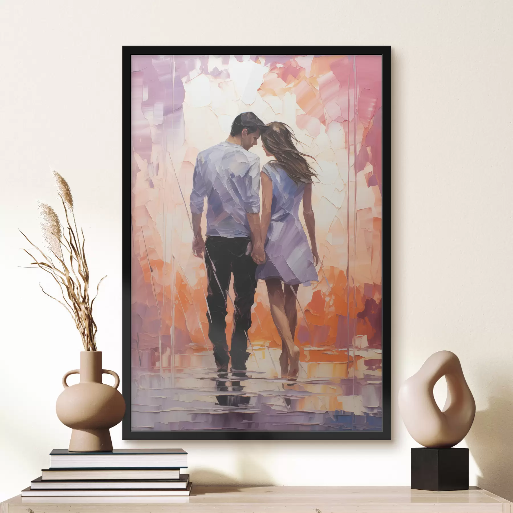 Fototapete Silhouette eines Paares in der Liebe abstrakte Malerei, Mädchen und Mann, rosa, orange, lila, schwarze Farbe f39124