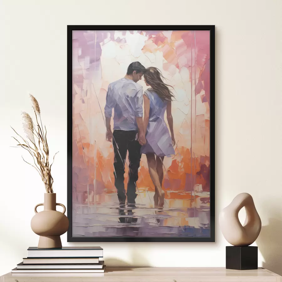 Fototapete Silhouette eines Paares in der Liebe abstrakte Malerei, Mädchen und Mann, rosa, orange, lila, schwarze Farbe f39124