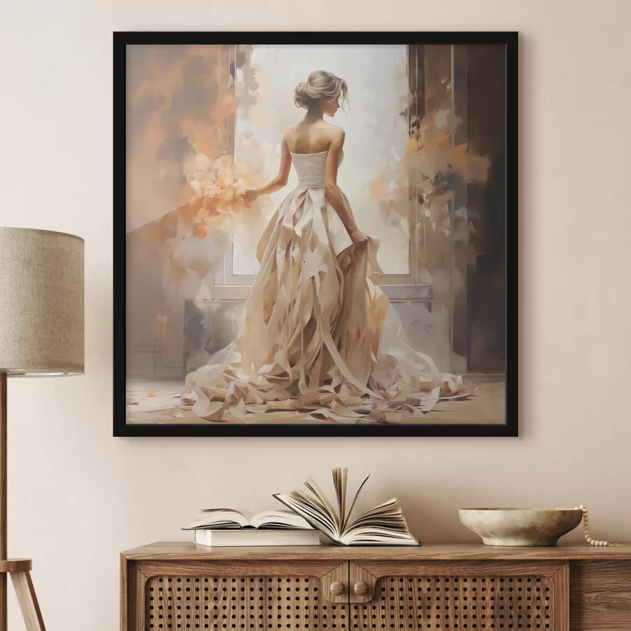 Fototapete Ein Mädchen in einem weißen Hochzeitskleid steht am Fenster zwischen dem Feuer und malt mit der Hand f39125