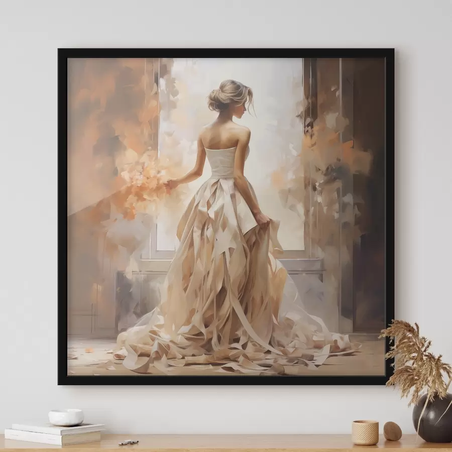 Fototapete Ein Mädchen in einem weißen Hochzeitskleid steht am Fenster zwischen dem Feuer und malt mit der Hand f39125